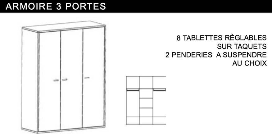 Armoire 3 portes design avec 2 penderies et 9 compartiments - 26 coloris au choix - madaket par mathy by bols